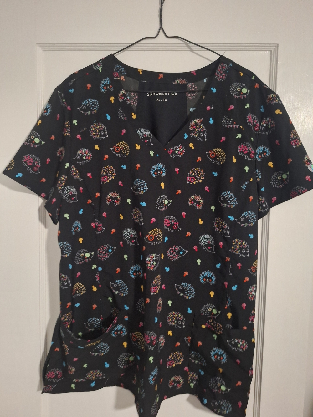 Black Multicolor Hedgehog Print V-Neck Scrub Top